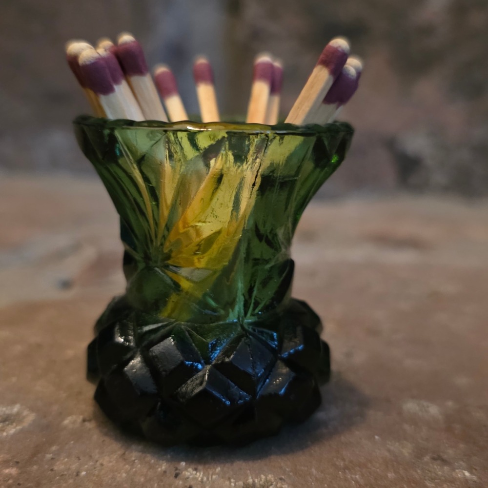 Vintage Emerald Green Glass Thistle Match Toothpick Holder Diamond Starburst 2in